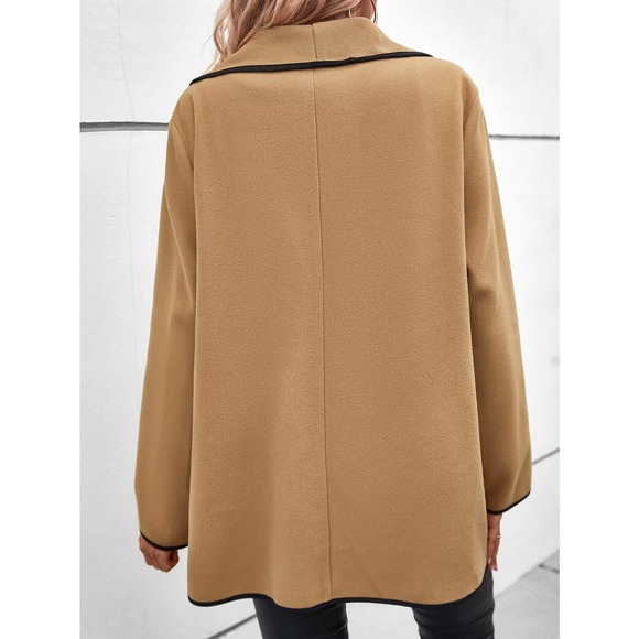 Contrast Binding Shawl Collar Open Front Overcoat pea coat tan camel - Picture 2 of 6